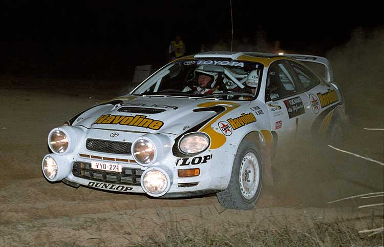 Neal Bates and Coral Taylor driving their Toyota Celica GT-Four on a Rally Queensland night stage in the 1990s. (Photo: Stuart Bowes)