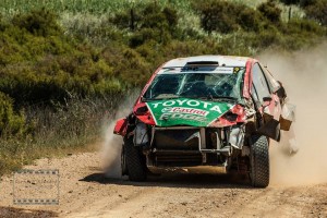 Giniel refusing to give up after a bit of a freak roll caused by road exit narrowing. Like as in "Caution Pole on exit!" 